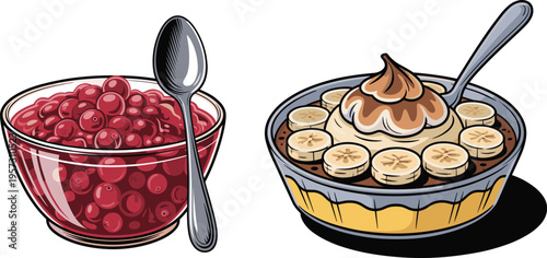 Berries and Banana Dessert in Bowls with Spoons, Isolated Stock Illustration