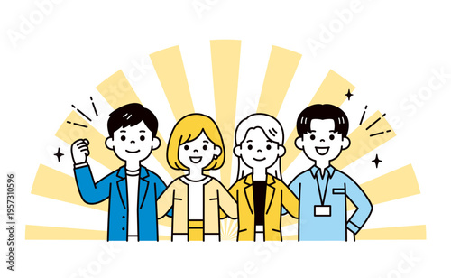 肩を組んでチームで働く、若い複数の男女の会社員のシンプルな上半身ベクターイラスト素材