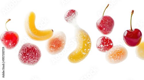 A colorful assortment of sugary candies on transparent background