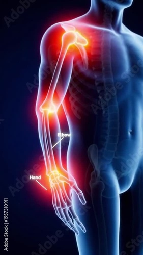 Wallpaper Mural A man's transparent body shows glowing red pain in elbow and wrist joints on a dark background, indicating joint pain or injury, for medical use Torontodigital.ca