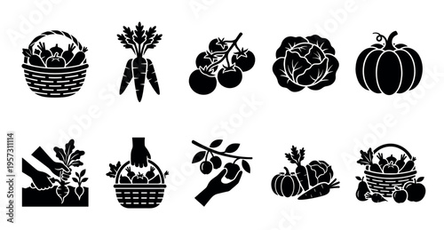 A graphic collection of black and white silhouette icons representing various fresh vegetables and fruits, perfect for harvest, health, or organic themes.