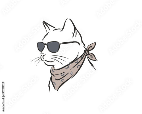 Chic and captivating, this sleek feline illustration wears trendy eyewear and a charming neckerchief, personifying urban cool with a touch of whimsy and independent spirit