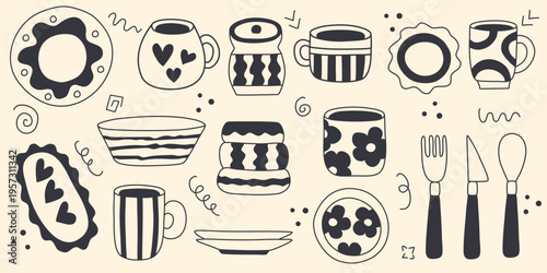 Kitchenware and cutlery set in doodle sketch style. Simple hand drawn ink illustrations of plate, mug, cup, glass, knife, fork, spoon. Clean tableware for table setting and eating, vector graphic