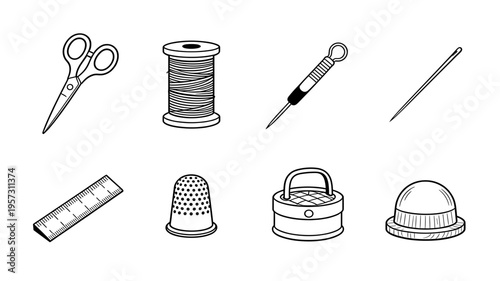 Set of Eight Sewing and Needlework Tools in Line Art Style: Scissors, Thread Spool, Seam Ripper, Needle, Ruler, Thimble, Pincushion, and Pin Cushion Cap