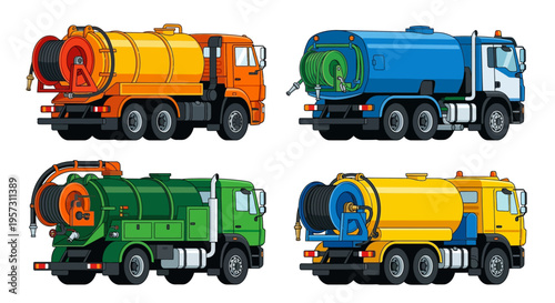 Four colorful illustrations of industrial vacuum trucks for waste management
