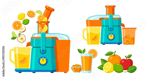 Colorful illustration of a modern electric juicer with fresh fruits