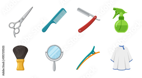 Barber shop tools and accessories arranged in a colorful composition