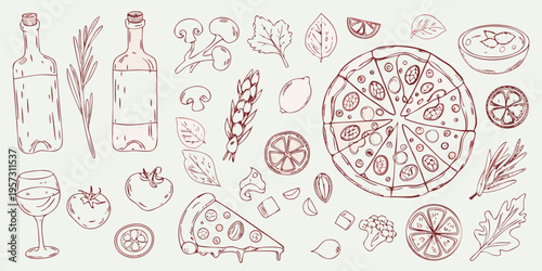 Hand drawn illustration of italian food including pizza wine and produce