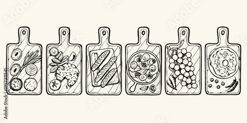 Hand drawn illustration of various foods presented on wooden cutting boards