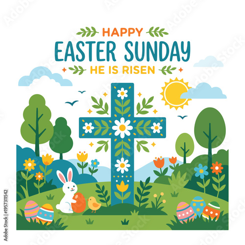 Happy Easter Sunday Vector Illustration with Christian Cross, Bunny, Eggs and Flowers in Flat Style