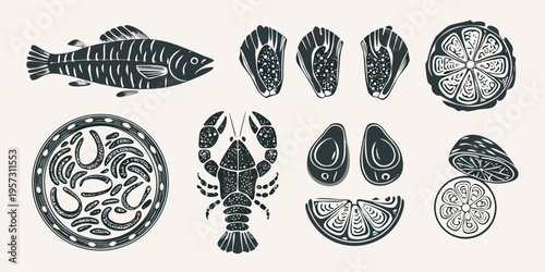 Vintage style illustration of various sea creatures and citrus fruits