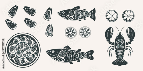 Stylized illustration of various seafood including fish shellfish and lobster
