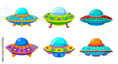 Colorful cartoon illustrations of six different flying saucer spacecraft