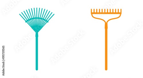 Two garden rakes teal and orange displayed on a white background