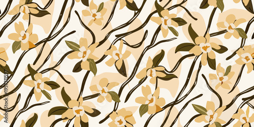 Stylized floral pattern with vanilla orchid blooms and curving stems