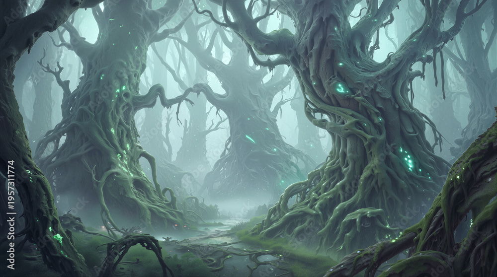 Obraz premium Twisted trees with glowing green spots in a misty fantasy forest. Enchanted woodland scene with gnarled roots and thick fog.