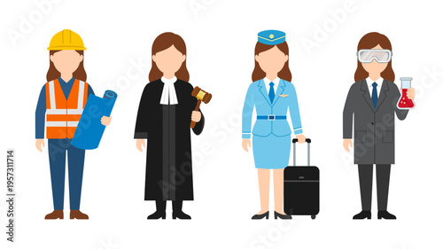 Four Professional Women Characters Isolated on White Background, Different Careers Including Engineer, Judge, Pilot and Scientist for Career and Diversity Design
