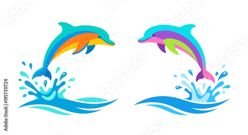 Two colorful dolphins leaping from ocean waves with splashing water