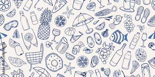 A hand drawn pattern of summery items including fruits drinks and beach accessories