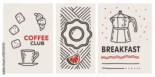 Stylized breakfast and coffee themed illustrations in a vertical format