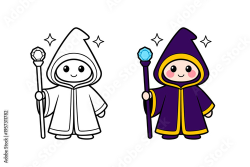 Cute Cartoon Wizard Characters with Magic Wands and Hooded Robes, One Line Art One Colored in Purple and Yellow, Isolated on White Background, Magician, Fantasy, Magic, Spellcaster Vector