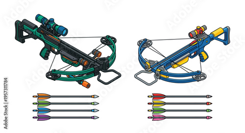 Detailed illustrations of two crossbows with accompanying colorful arrows