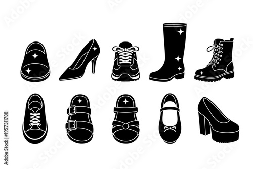 Black Silhouette Icons of Various Footwear Styles: High Heels, Sneakers, Boots, Sandals, Mary Jane Shoes Isolated on White Background, Fashion, Footwear, Shoe Collection, Minimalist Vector Design