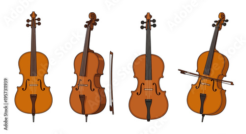 Four stringed instruments violins viola and cello shown in illustration