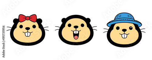 Three Cute Cartoon Beaver Heads Vector Set with Red Bow, Open Mouth and Blue Hat Isolated on White Background for Kids and Character Design