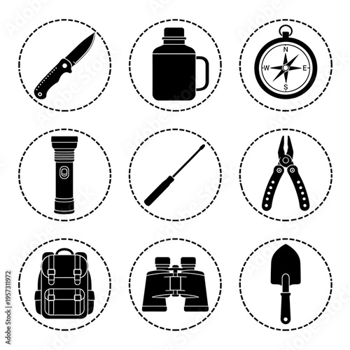 Nine Camping and Outdoor Adventure Silhouette Icons Set in Dotted Circles Including Knife, Canteen, Compass and Backpack Isolated on White Background