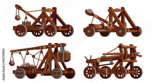 Illustrative depictions of various medieval trebuchet siege engine designs