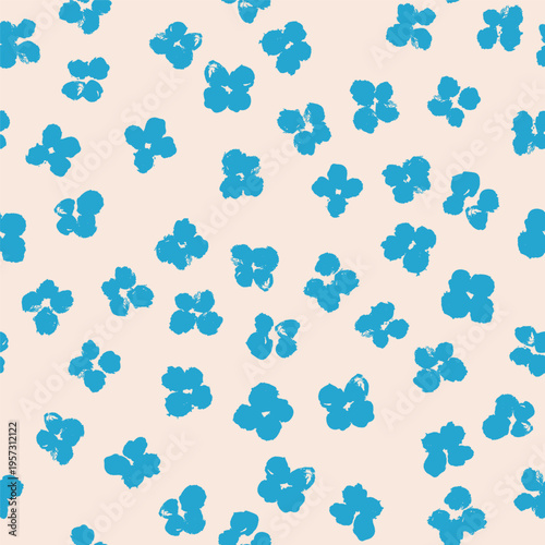 A seamless vector pattern with tiny hand-painted floral blooms in vibrant turquoise on a warm cream base