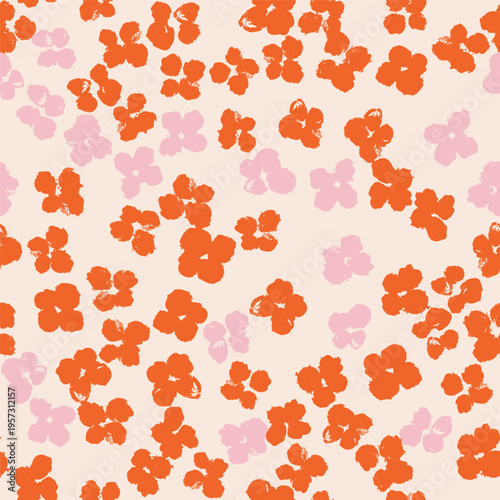 A seamless vector pattern with tiny hand-painted floral blooms in vibrant coral and soft blush on warm cream background