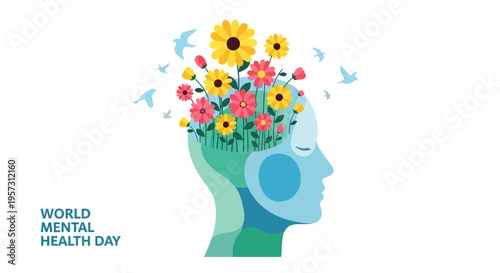 A human head silhouette filled with colorful flowers and flying birds