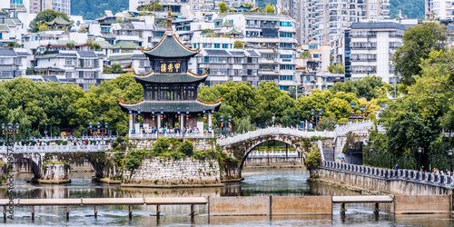 Close up view of the classical Chinese architecture of Jiaxiu Tower in Guiyang, Guizhou Province, China.