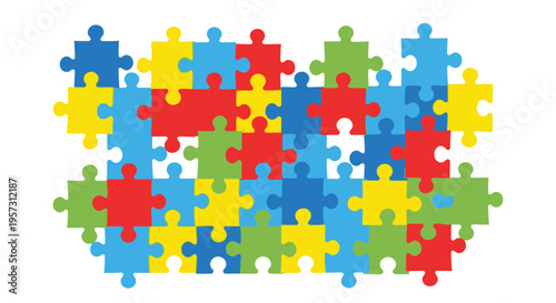 Colorful jigsaw puzzle pieces arranged in a scattered connected pattern