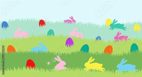 Easter bunnies and colorful eggs hidden in green spring grass field vector illustration