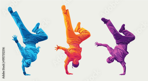 Three colorful breakdancers performing acrobatic flips and poses vector illustration