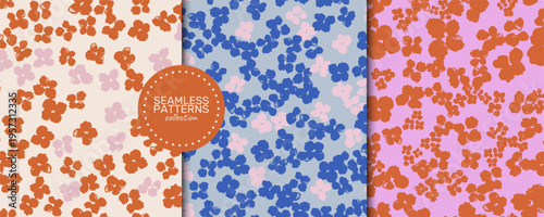 A seamless vector patterns collection: tiny floral blooms in coral on cream, blue and blush on sky, and coral on pink