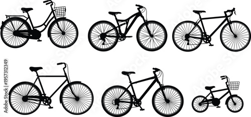 bicycle, bikes, cycling, transport, eco, ride, vehicle, sport, outdoor, travel, urban, pedal, fitness, mobility, collection, silhouette, design, illustration, set, wheels