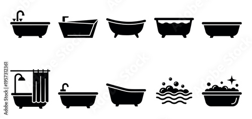 A collection of black minimalist bathtub icons depicts various styles of bathtubs, shower stalls, and bubbly water for bathing and hygiene concepts.