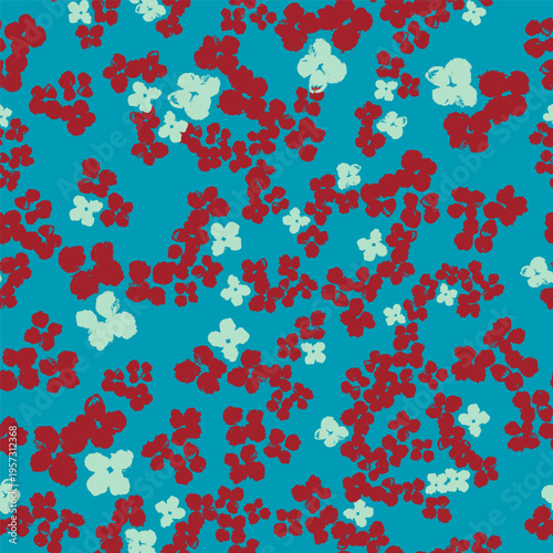 A seamless vector pattern with tiny hand-painted floral blooms in deep red and mint on vibrant teal background