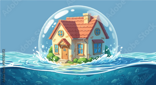 House protected inside transparent bubble dome on water insurance safety concept vector illustration