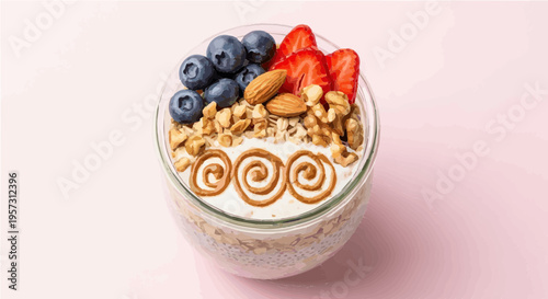 Delicious layered yogurt parfait topped with fresh berries nuts and granola healthy breakfast vector illustration