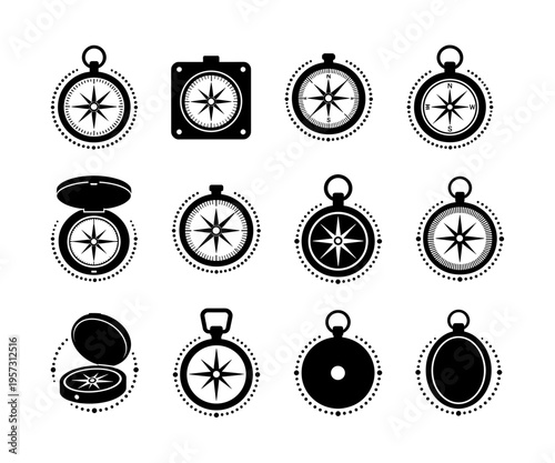 Collection of Compass Silhouette Icons Isolated on White Background, Various Navigation Compasses Including Pocket, Open and Closed Styles Vector Symbols