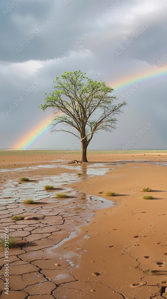 Fototapeta premium Solitary tree standing in desert landscape after rain. Rainbow appearing behind green tree on parched cracked earth.