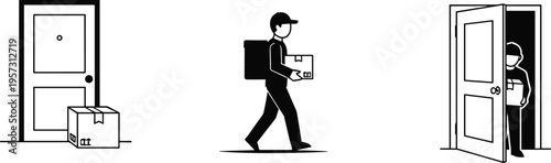 delivery, courier, package, shipping, service, logistics, door, customer, parcel, transport, worker, distribution, business, home, supply, contactless, deliveryman, concept, illustration, process