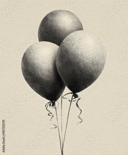 Three Sepia Toned Balloons with Ribbons on Textured Beige Background in Engraved Style group floating