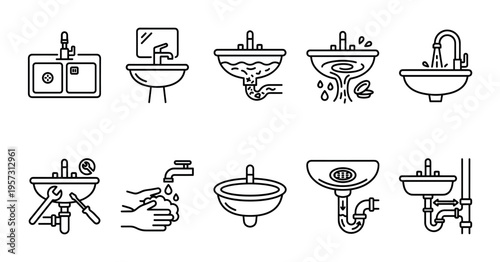 A collection of clean line art icons depicting various sinks, faucets, plumbing, and handwashing for use in design and illustration.