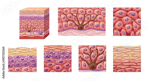 Realistic Human Skin Anatomy Vector Set - Epidermis Layers and Cells Microscopic View
